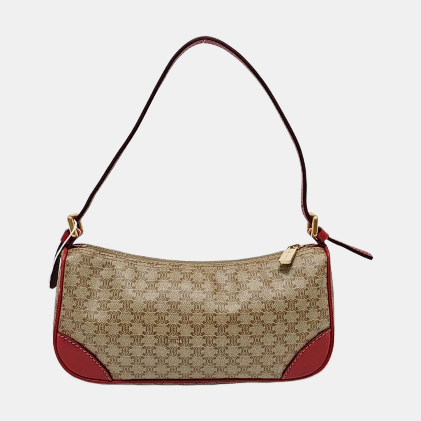 CELINE Khaki Coated Canvas Triumph Grained Shoulder Bag Handbag Golden hardware-(SKU)-942940158