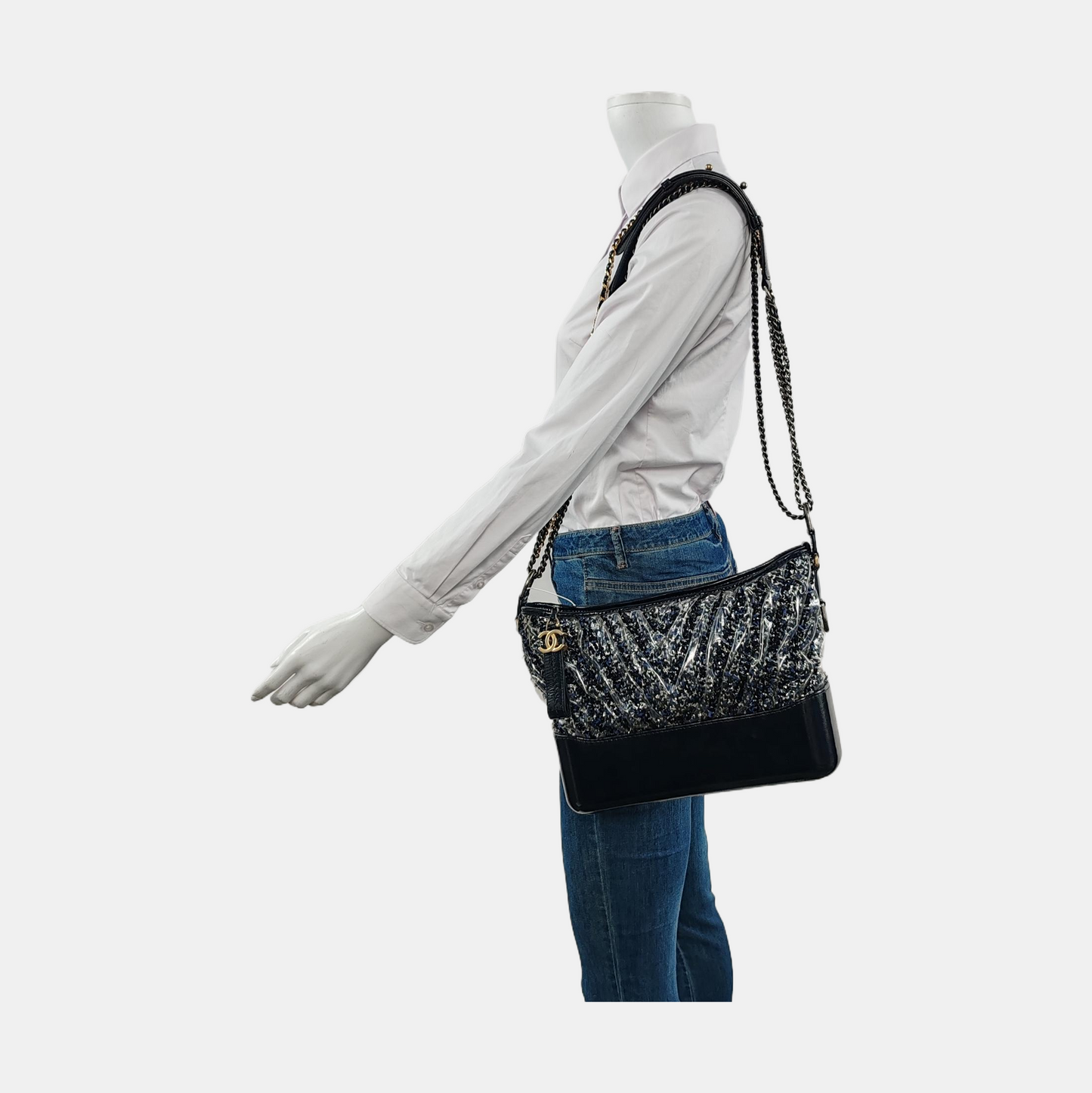 CHANEL GABRIELLE Medium Dark Blue Wool Quilted V Pattern Gabby Bag Crossbody Shoulder Bag Sling Bag Gold Silver Ruthenium Hardware 25 Clasp Removable Strap-(SKU)-954167174