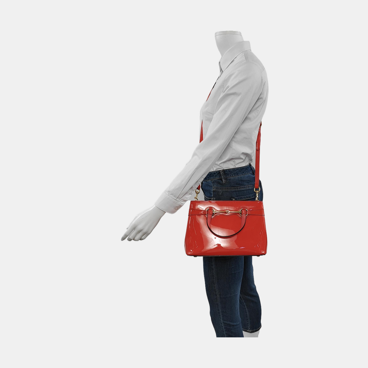 GUCCI Horsebit Chain Red Patent Leather Horsebit Shoulder and Handbag Golden hardware Removable shoulder strap-(SKU)-954143882