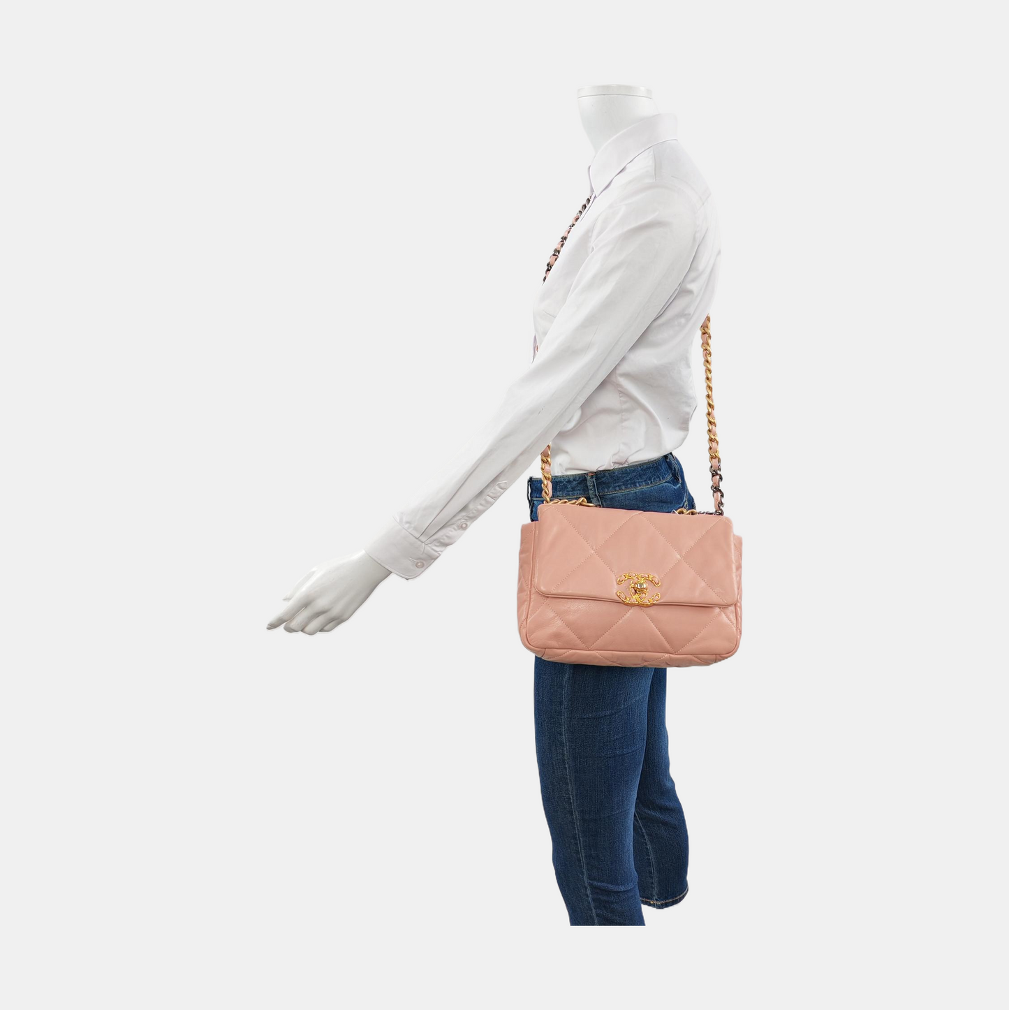 CHANEL CHANEL 19 Small Pink Lamb Leather Quilted Stitch Shoulder Bag Tote Bag Crossbody Bag Gold Rhodium Hardware 29 Clasp-(SKU)-954435140
