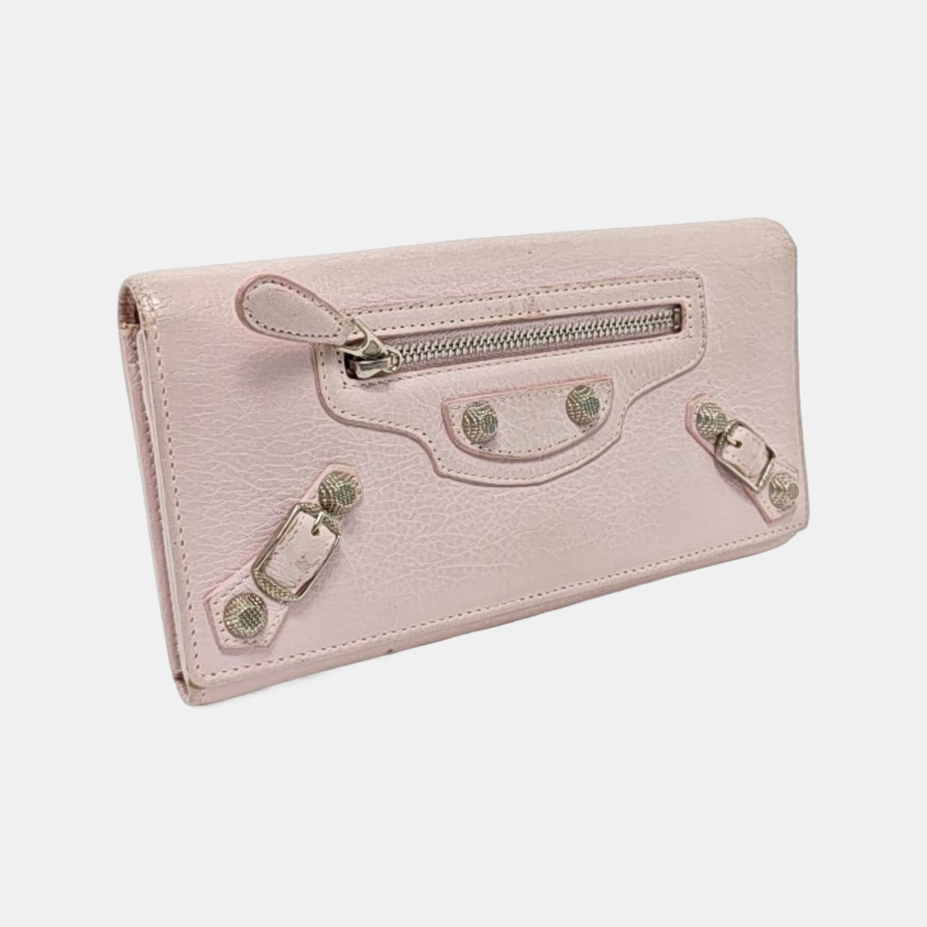 BALENCIAGA Classic City Light Pink Lamb Leather Stud Biker Wallet Silver Hardware-(SKU)-954228884