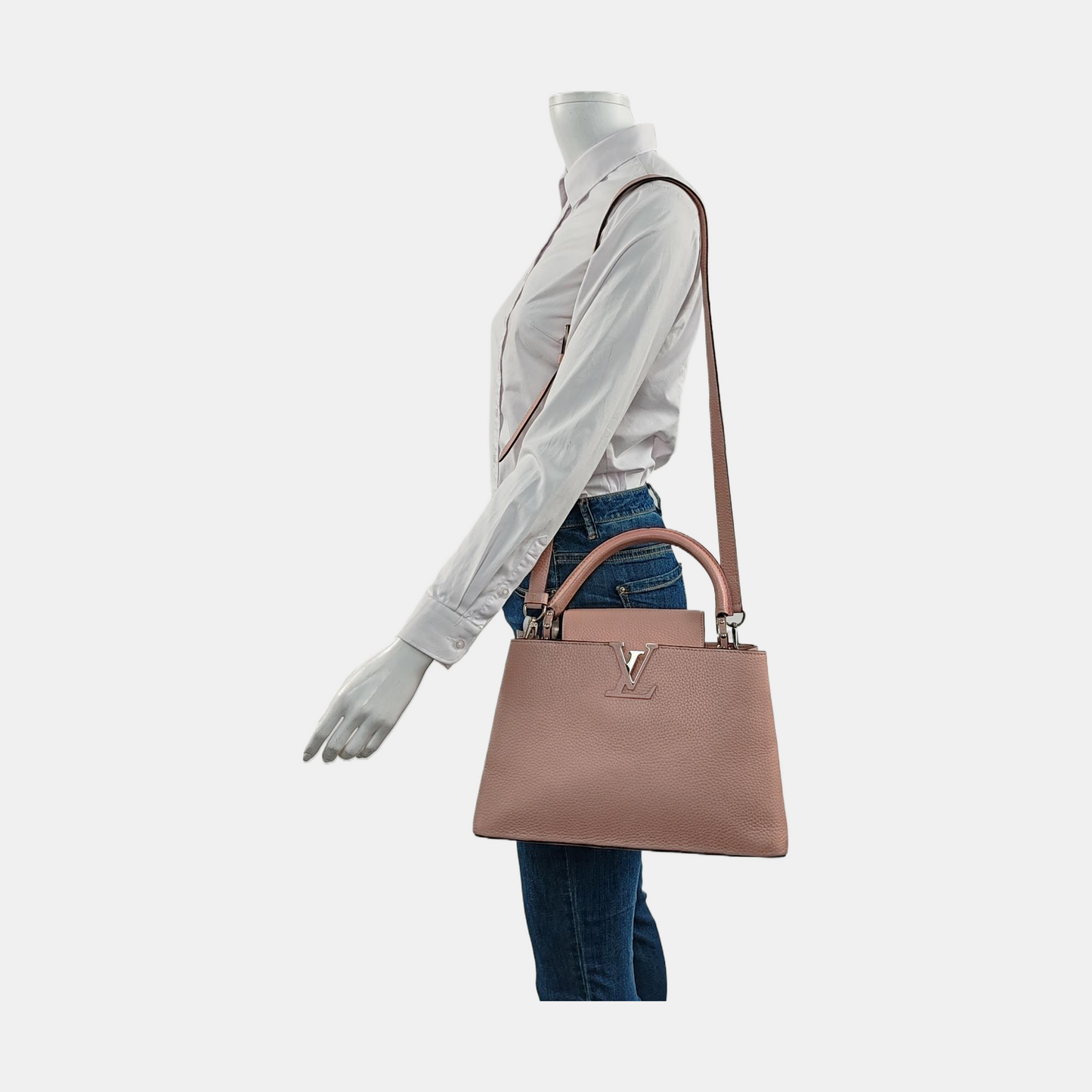 LOUIS VUITTON CAPUCINES Medium Size Nude Pink Calfskin Crossbody Bag Shoulder Bag Tote Bag Silver Hardware Removable Strap-(SKU)-954522912