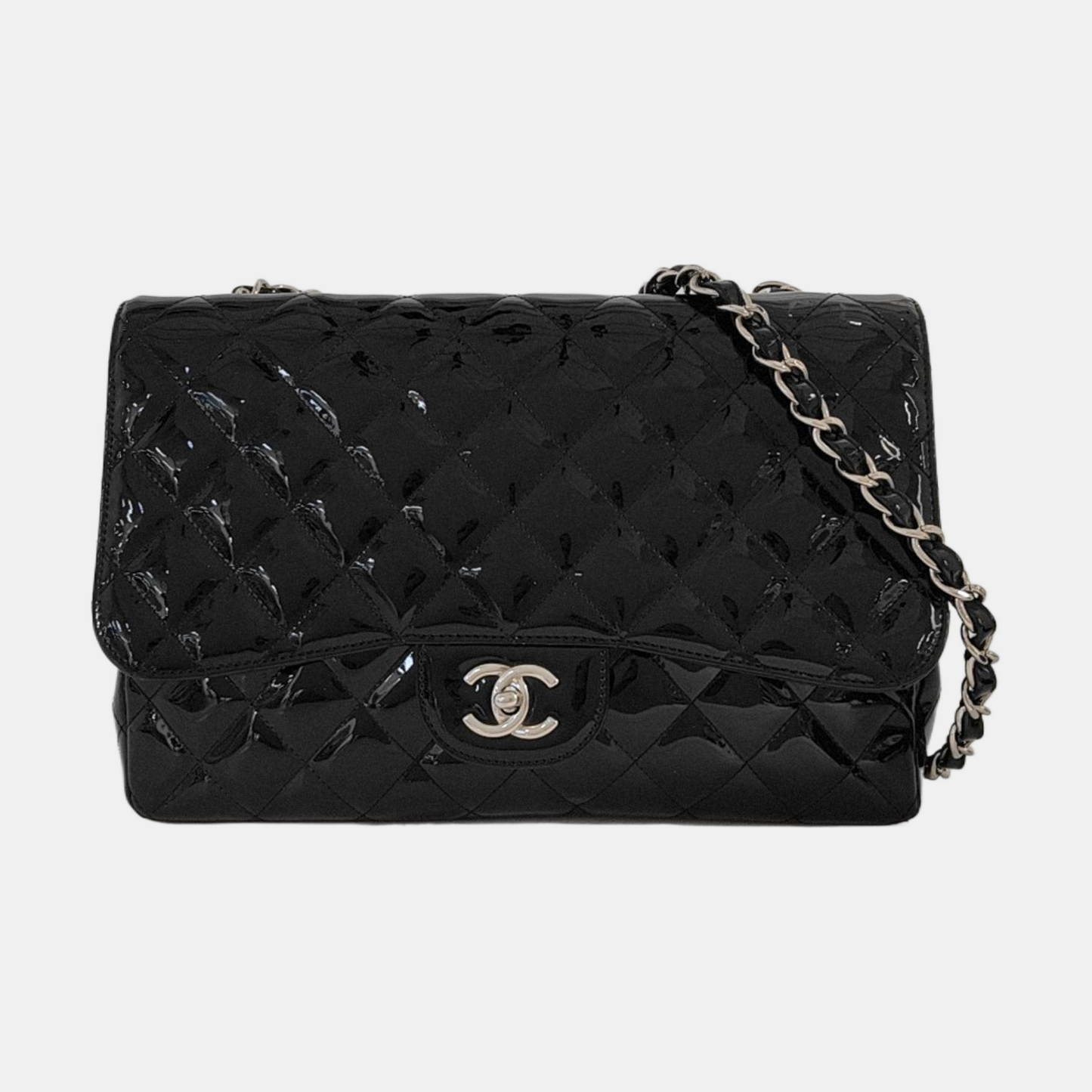 CHANEL CLASSIC FLAP Large Size Black Patent Calfskin Quilted Jumbo Crossbody Bag Shoulder Bag Silver Hardware 13 Opening-(SKU)-954460430