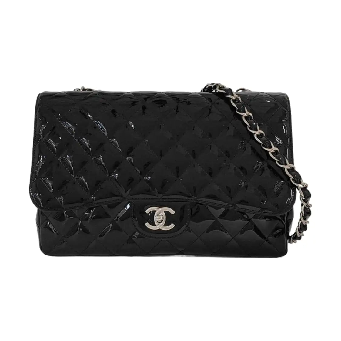 CHANEL CLASSIC FLAP Large Size Black Patent Calfskin Quilted Jumbo Crossbody Bag Shoulder Bag Silver Hardware 13 Opening-(SKU)-954460430
