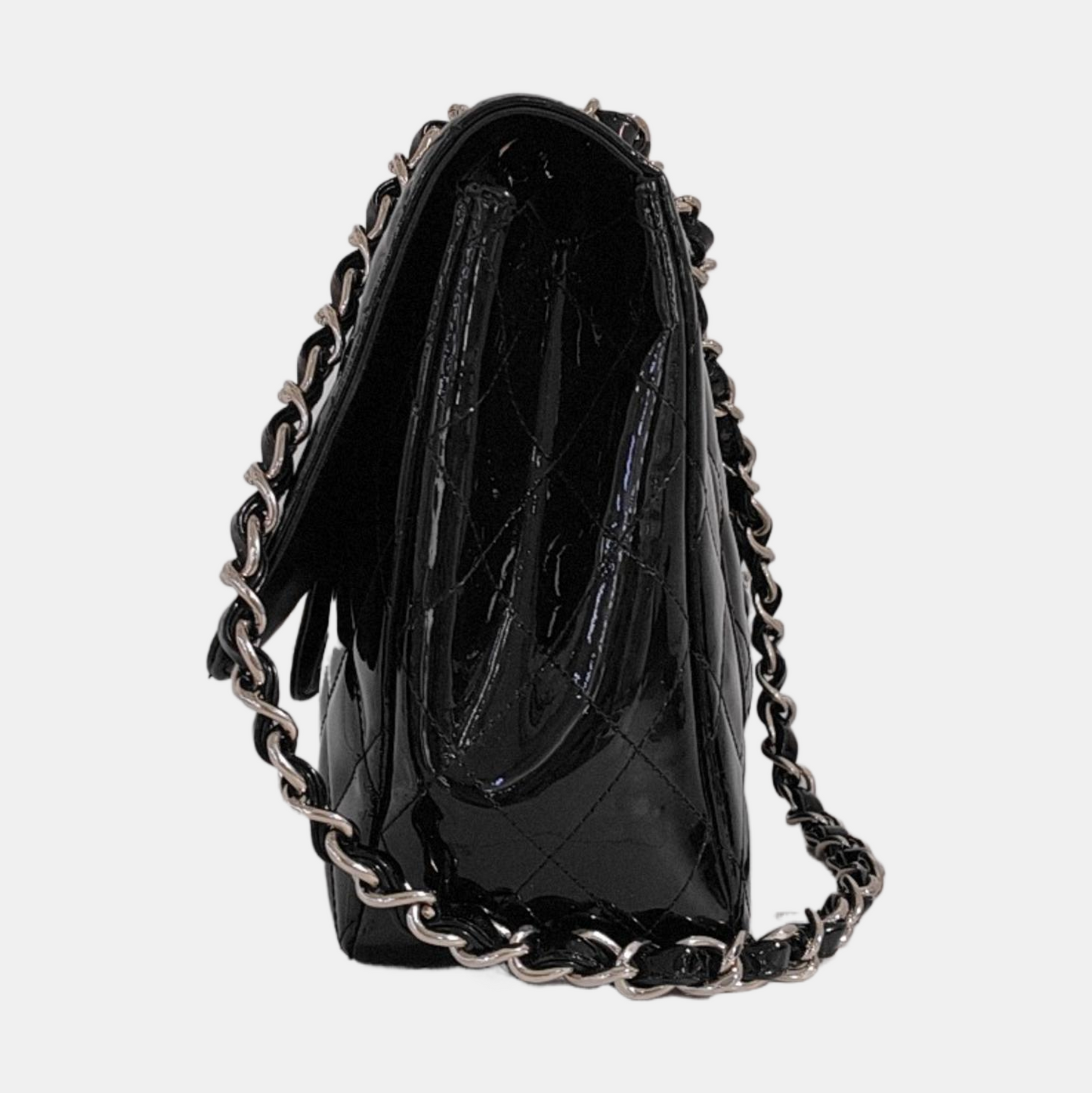 CHANEL CLASSIC FLAP Large Size Black Patent Calfskin Quilted Jumbo Crossbody Bag Shoulder Bag Silver Hardware 13 Opening-(SKU)-954460430
