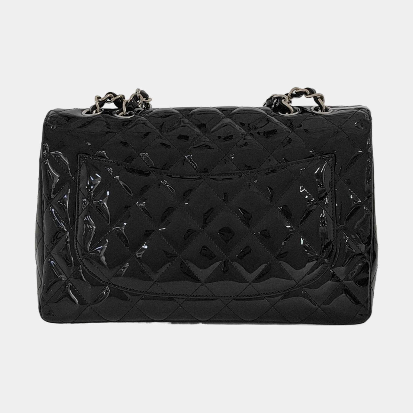 CHANEL CLASSIC FLAP Large Size Black Patent Calfskin Quilted Jumbo Crossbody Bag Shoulder Bag Silver Hardware 13 Opening-(SKU)-954460430