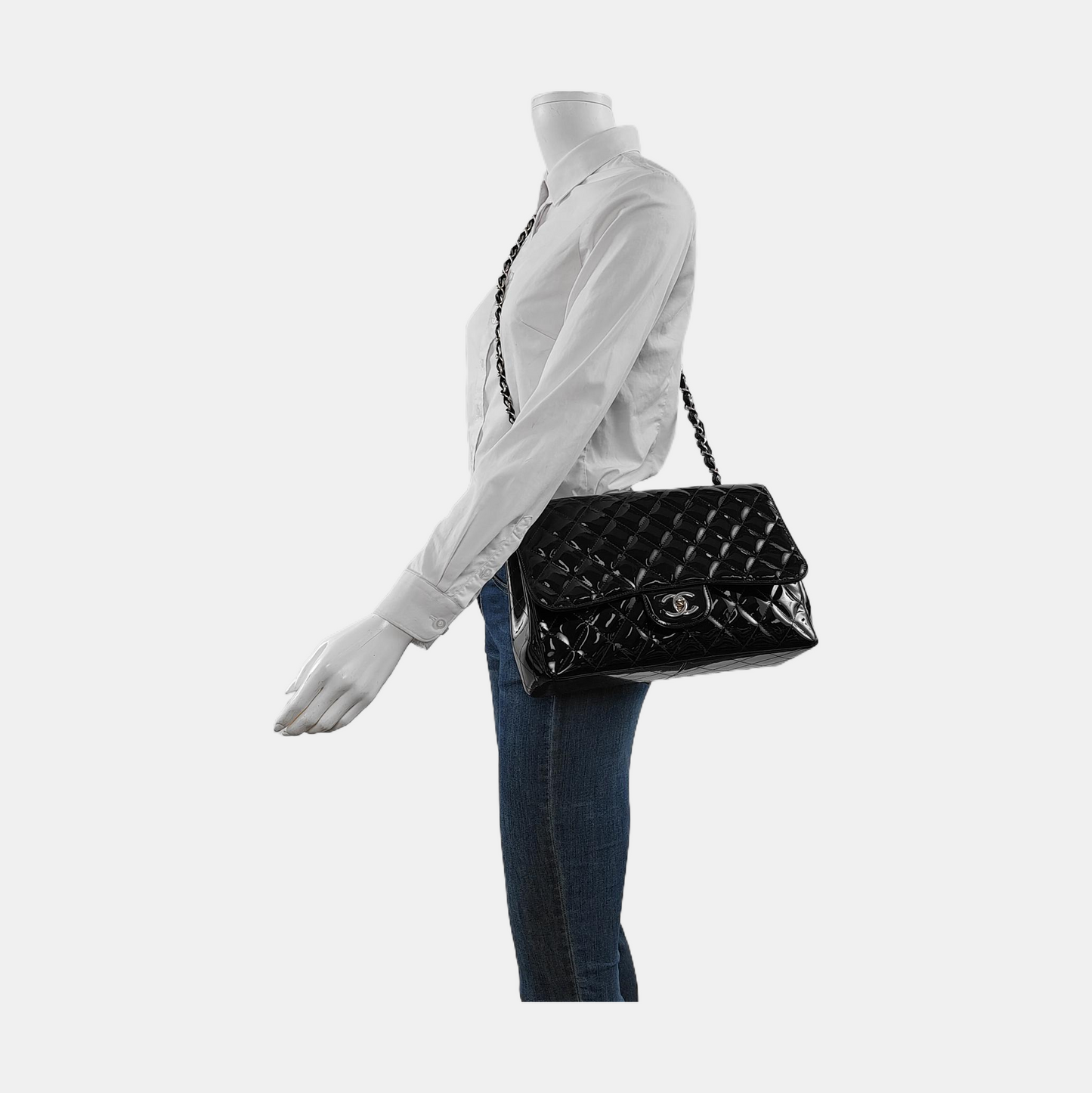 CHANEL CLASSIC FLAP Large Size Black Patent Calfskin Quilted Jumbo Crossbody Bag Shoulder Bag Silver Hardware 13 Opening-(SKU)-954460430