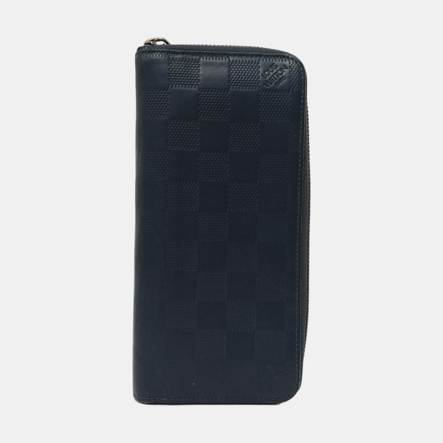 LOUIS VUITTON Dark Blue Cowhide Checkered Wallet Silver Hardware-(SKU)-954637062