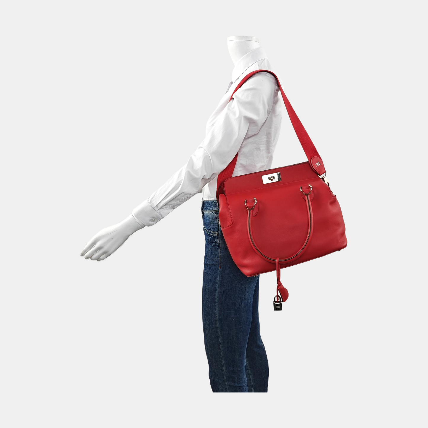 HERMÈS Toolbox 26 Peony Red Evercolor Leather Shoulder Bag with Silver Hardware, T Clasp, Detachable Strap-(SKU)-954919312