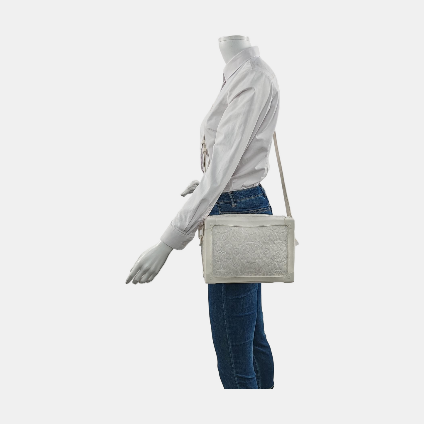 LOUIS VUITTON SOFT TRUNK White Cowhide Monogram Embossed Crossbody Bag Handbag Shoulder Bag White Hardware-(SKU)-955121168