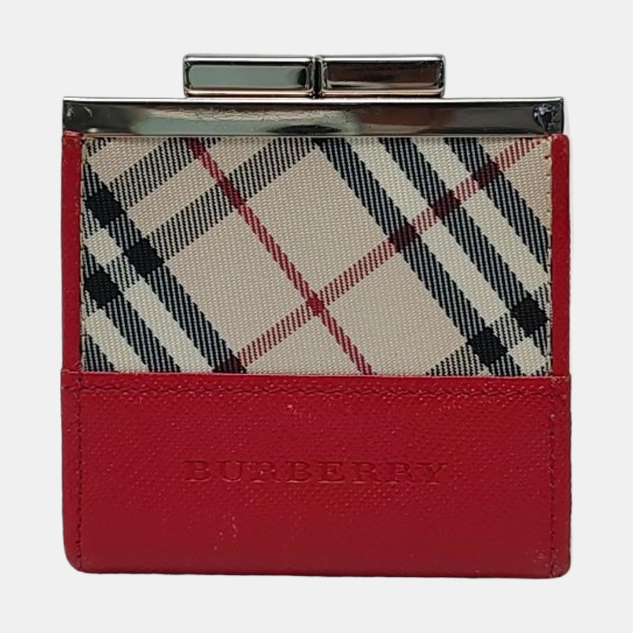 BURBERRY Red Cowhide Embossed Card Case Silver Hardware-(SKU)-942668927