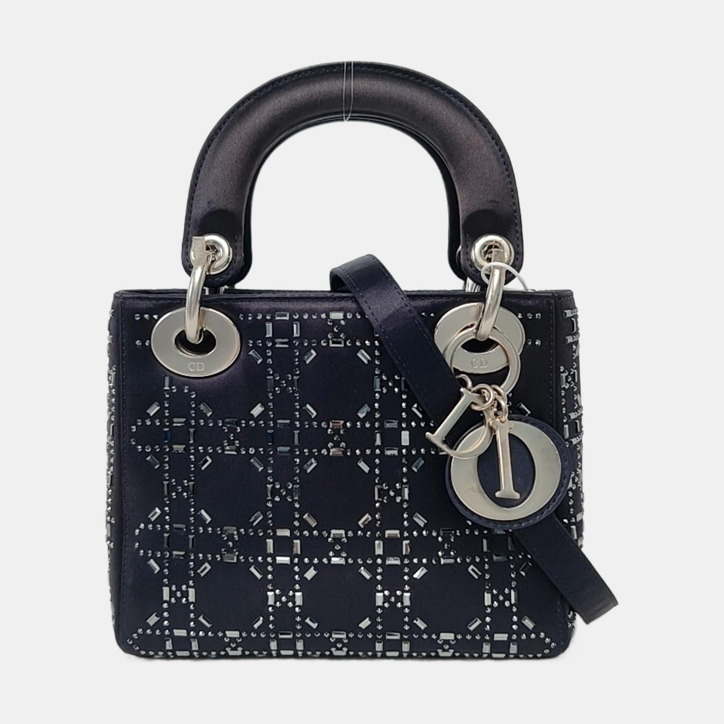 DIOR Lady Dior Mini Dark Blue Silk Jacquard Quilted Shoulder Bag with Chain Strap, Silver Hardware, Removable Shoulder Strap-(SKU)-955061243