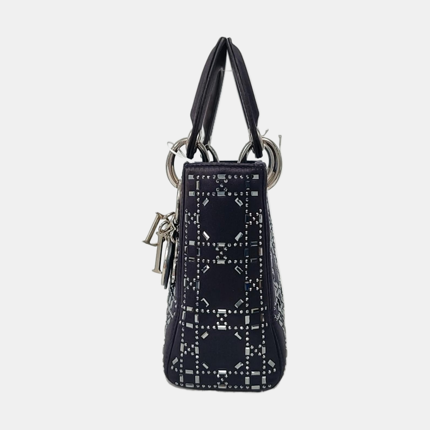 DIOR Lady Dior Mini Dark Blue Silk Jacquard Quilted Shoulder Bag with Chain Strap, Silver Hardware, Removable Shoulder Strap-(SKU)-955061243
