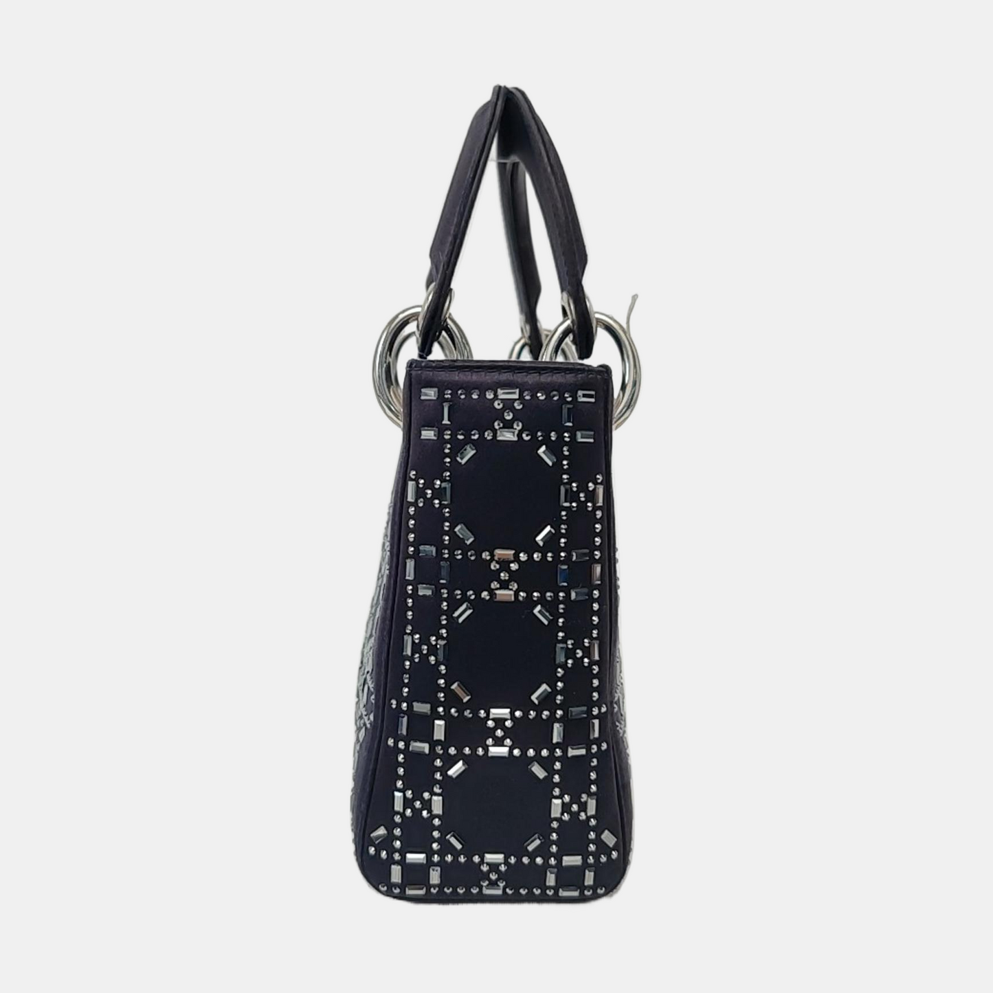 DIOR Lady Dior Mini Dark Blue Silk Jacquard Quilted Shoulder Bag with Chain Strap, Silver Hardware, Removable Shoulder Strap-(SKU)-955061243