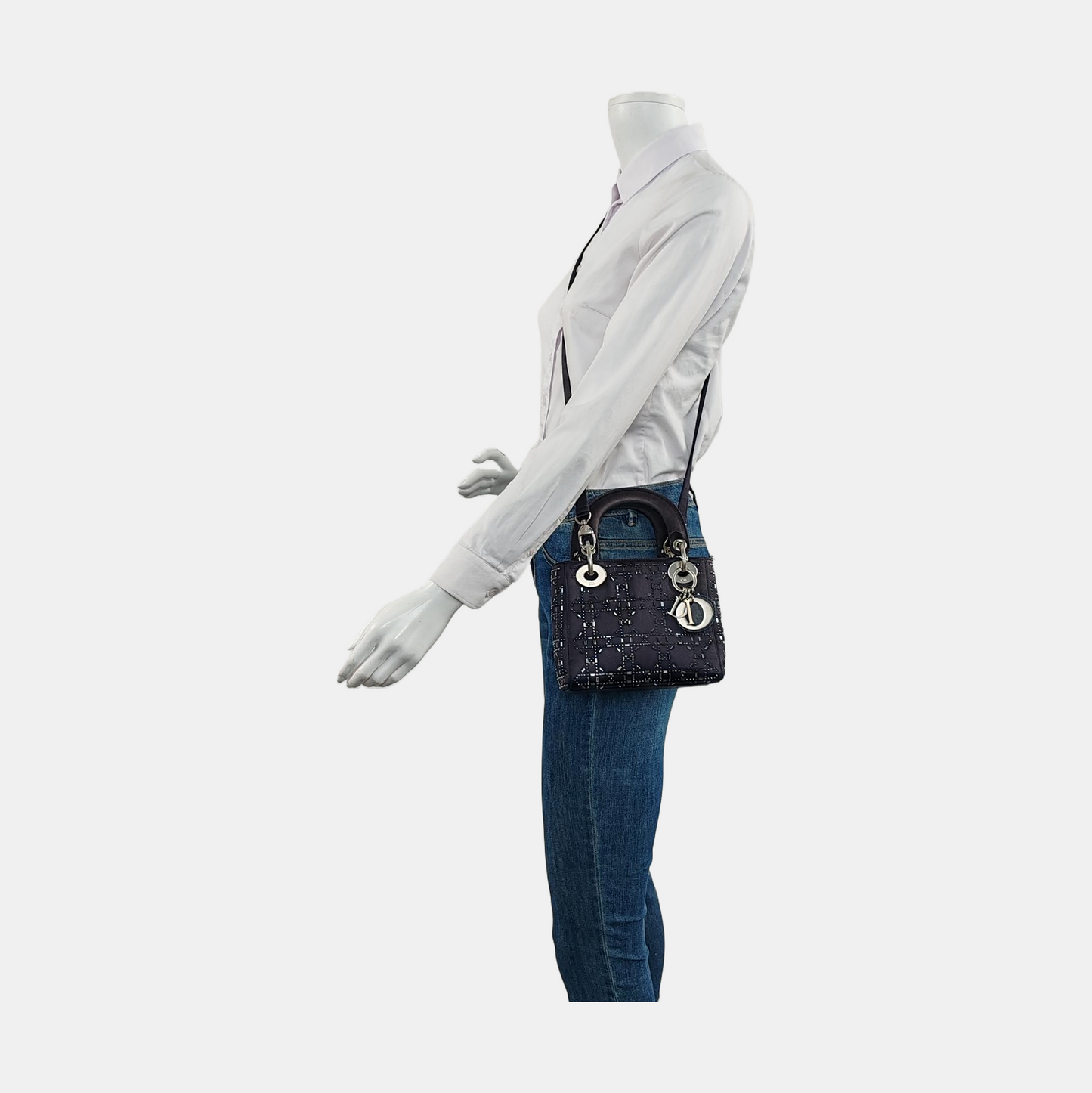 DIOR Lady Dior Mini Dark Blue Silk Jacquard Quilted Shoulder Bag with Chain Strap, Silver Hardware, Removable Shoulder Strap-(SKU)-955061243