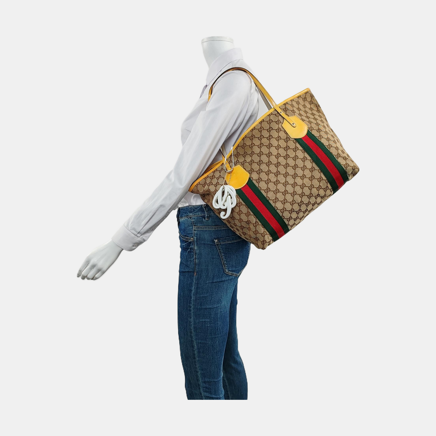 GUCCI Jolicoeur Medium size Khaki Canvas Monogrammed Striped Webbing Single Shoulder Bag Tote Bag Golden hardware-(SKU)-955054471
