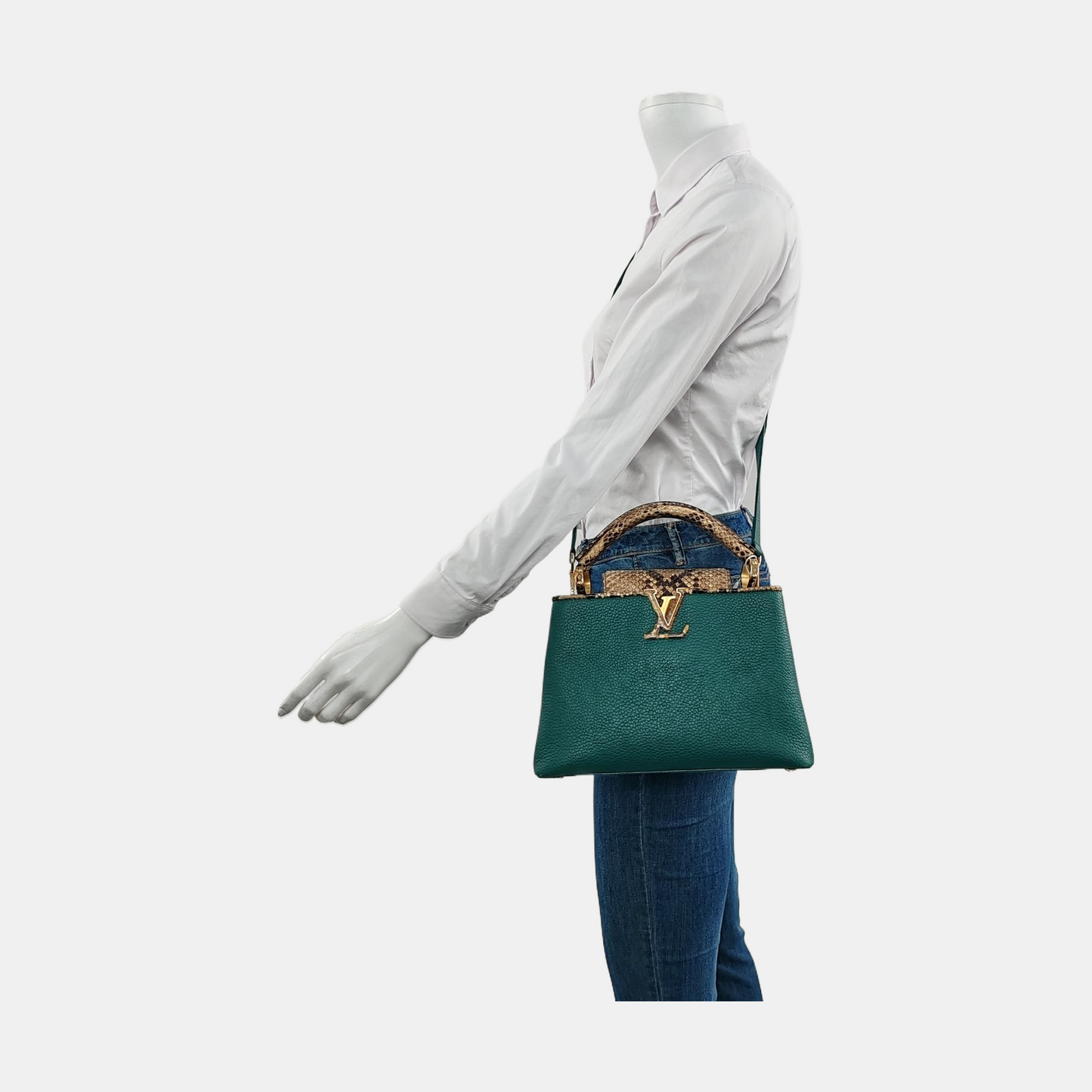 LOUIS VUITTON CAPUCINES BB Green Leather Diagonal Shoulder Bag with Detachable Strap-(SKU)-955038701