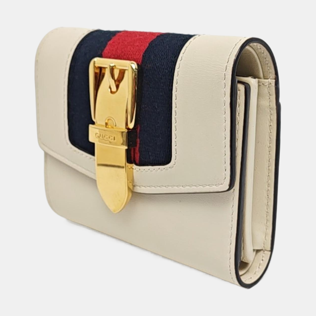 GUCCI Sylvie White Cowhide Striped Strap Serbian Wallet Golden hardware-(SKU)-954989846