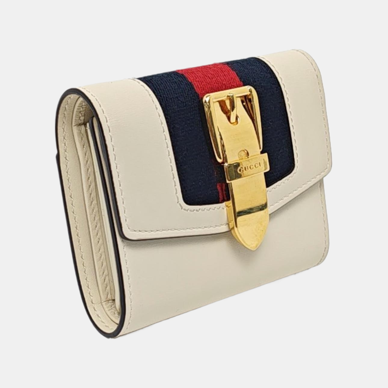 GUCCI Sylvie White Cowhide Striped Strap Serbian Wallet Golden hardware-(SKU)-954989846