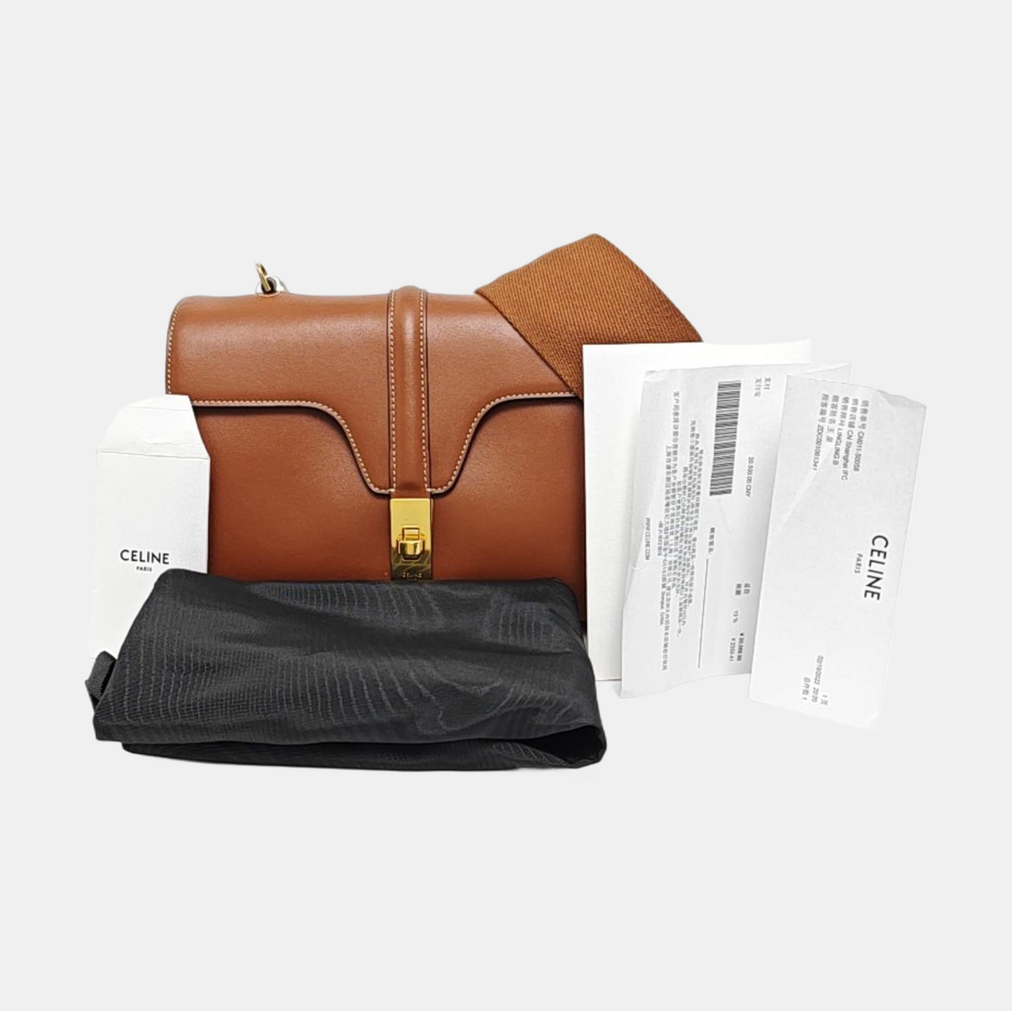 CELINE 16 Teen Brown Calfskin Single Shoulder Bag with Detachable Strap and Gold Hardware-(SKU)-955131984