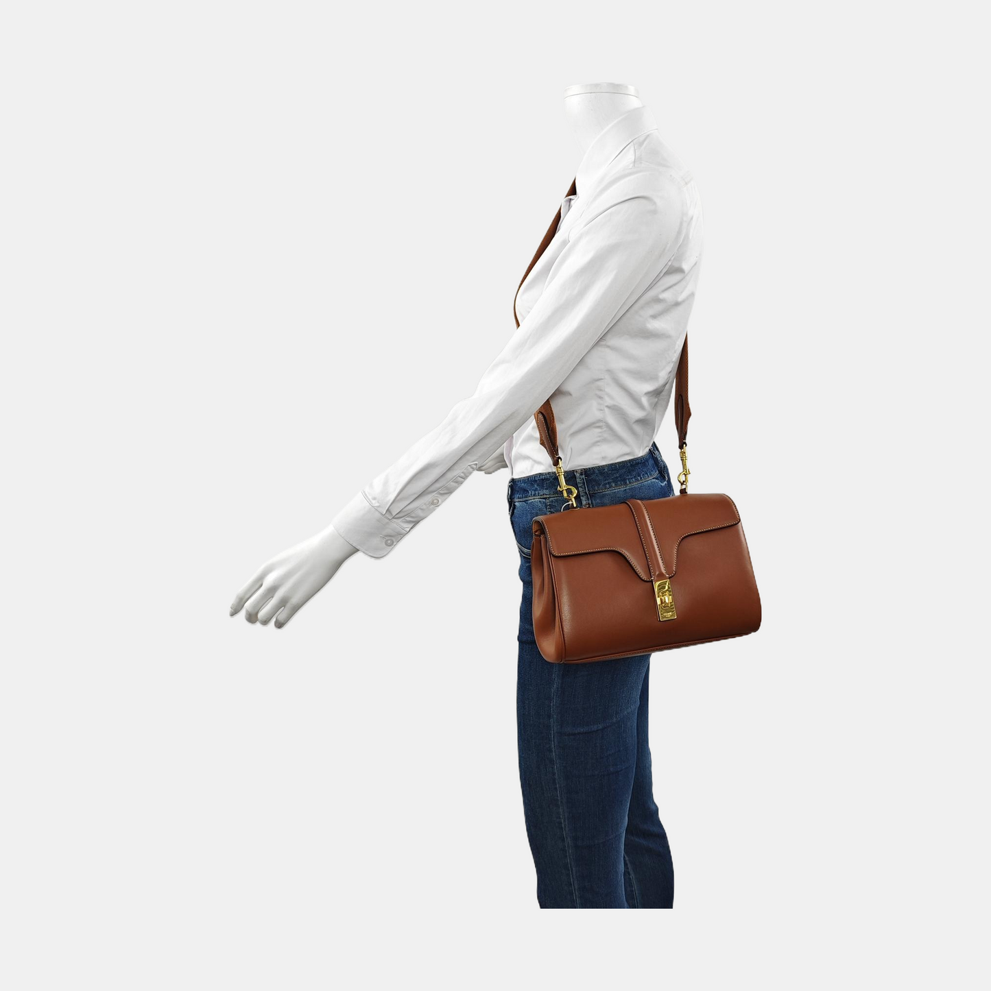 CELINE 16 Teen Brown Calfskin Single Shoulder Bag with Detachable Strap and Gold Hardware-(SKU)-955131984