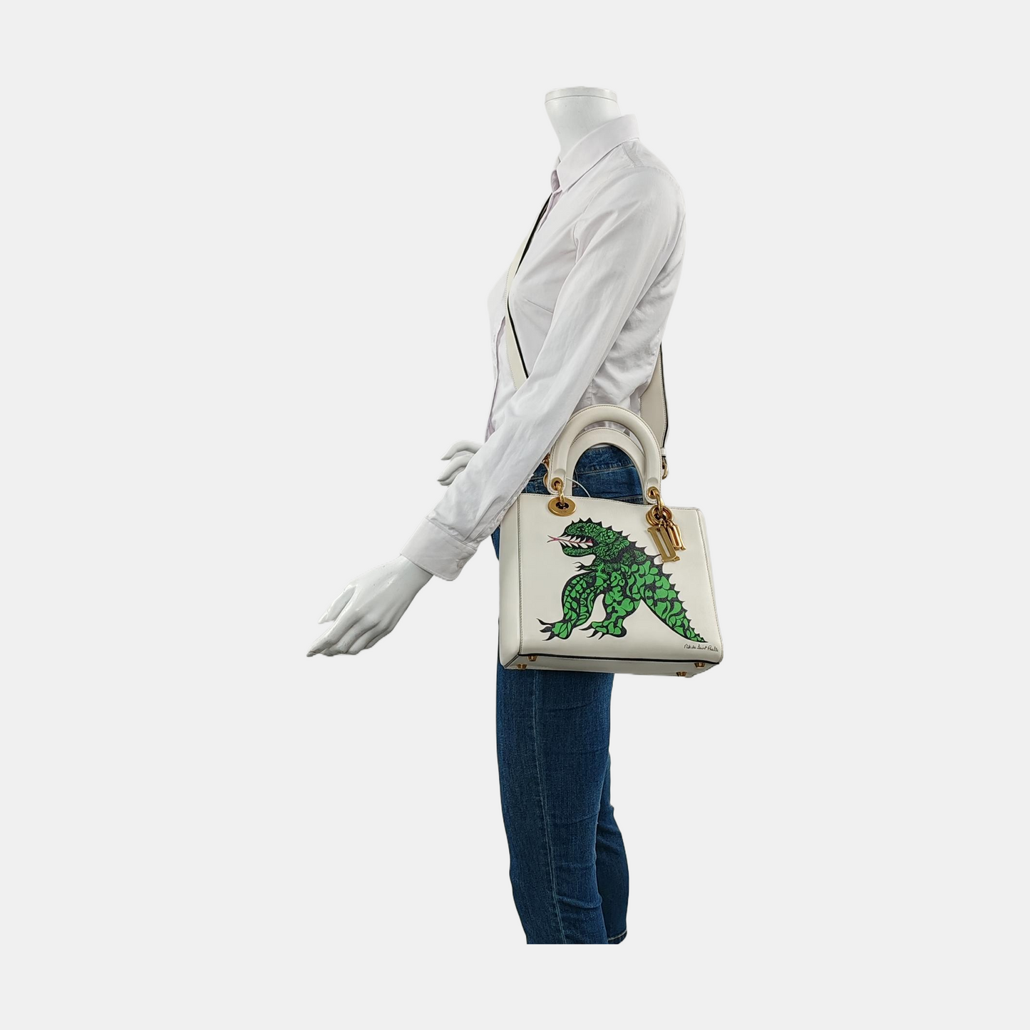 DIOR Lady Dior Medium White Leather Printed Cannage Bag Crossbody Shoulder Bag Handbag Gold Hardware Removable Strap-(SKU)-955334557