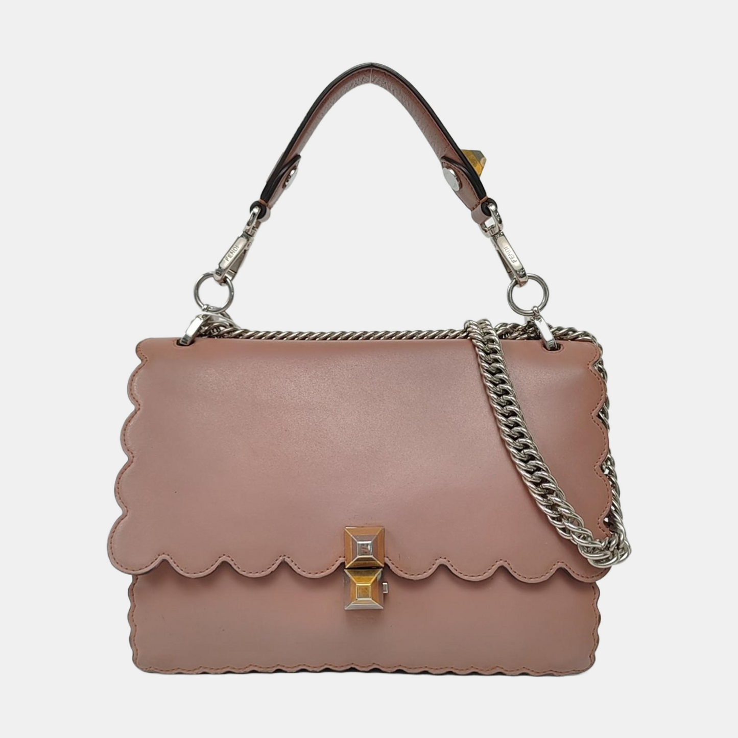 FENDI Kan I Medium size Beige Cowhide Stud Crossbody Single Shoulder Handbag Tote Silver Green Hardware-(SKU)-955840718