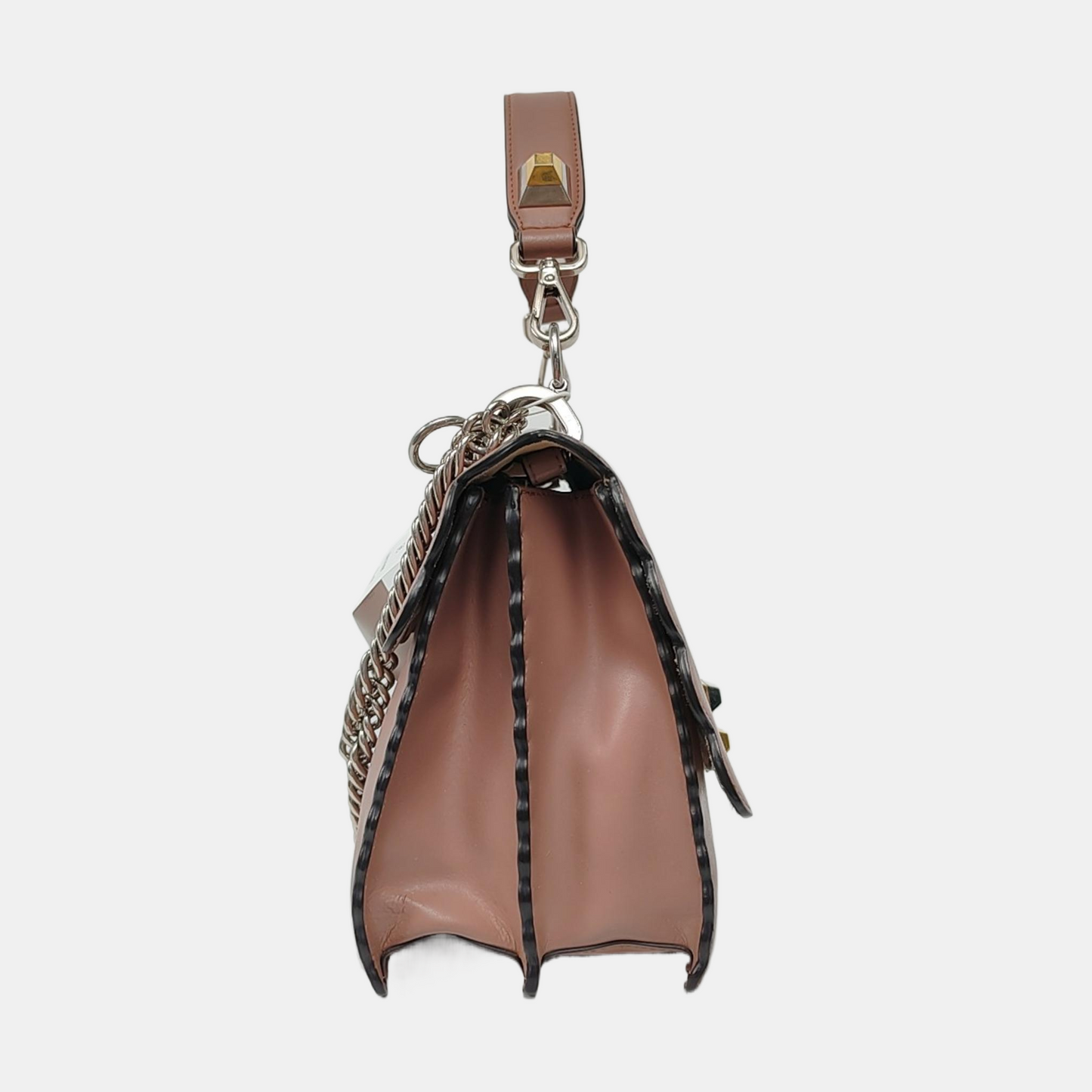 FENDI Kan I Medium size Beige Cowhide Stud Crossbody Single Shoulder Handbag Tote Silver Green Hardware-(SKU)-955840718