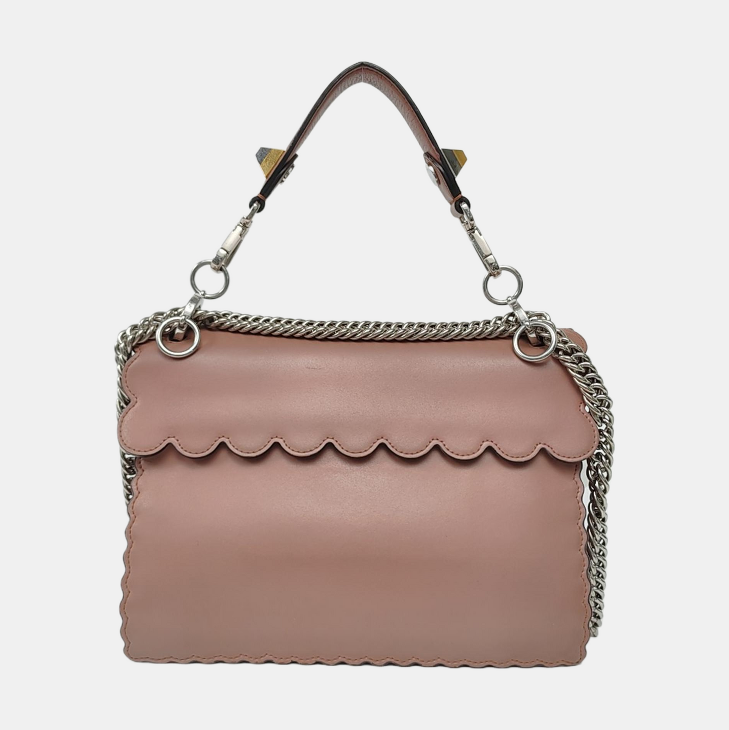 FENDI Kan I Medium size Beige Cowhide Stud Crossbody Single Shoulder Handbag Tote Silver Green Hardware-(SKU)-955840718