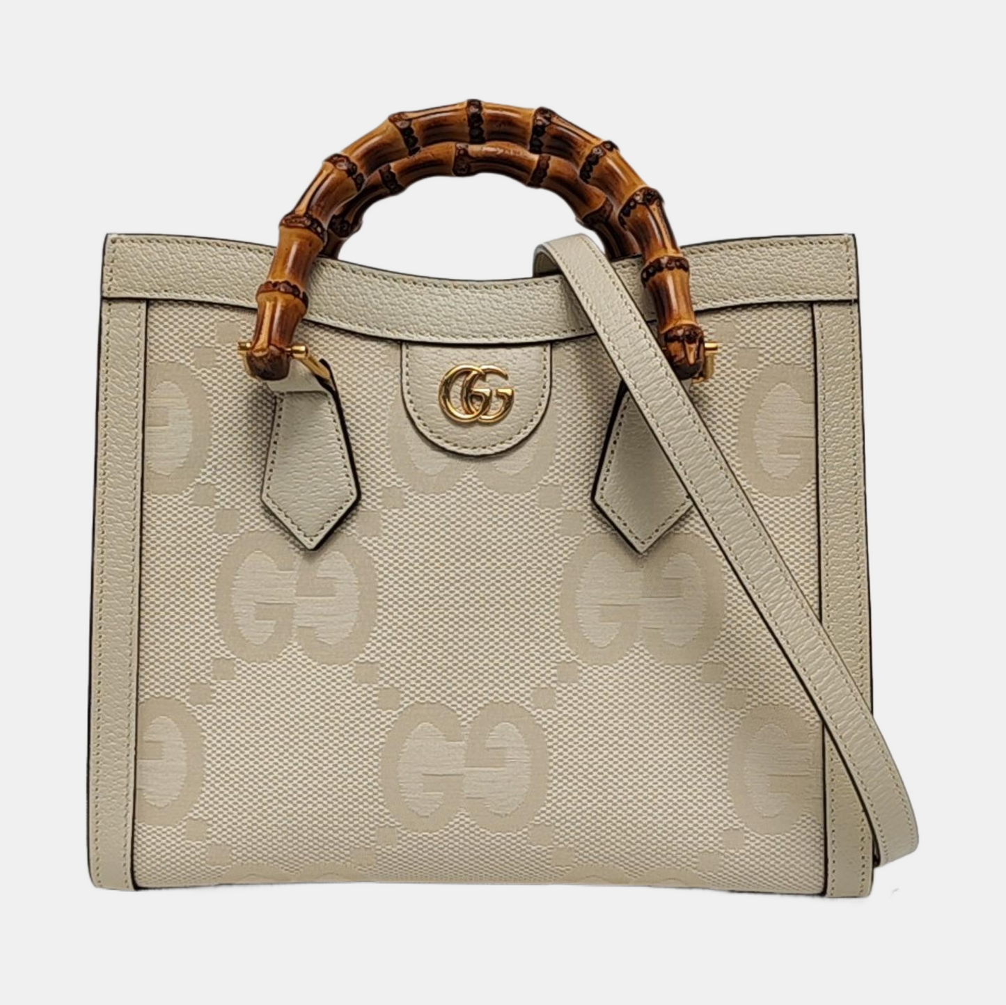 GUCCI Diana Small White Canvas Monogram Bamboo Handle Shoulder Bag Tote Bag Golden Hardware 2 Removable Straps-(SKU)-955631350