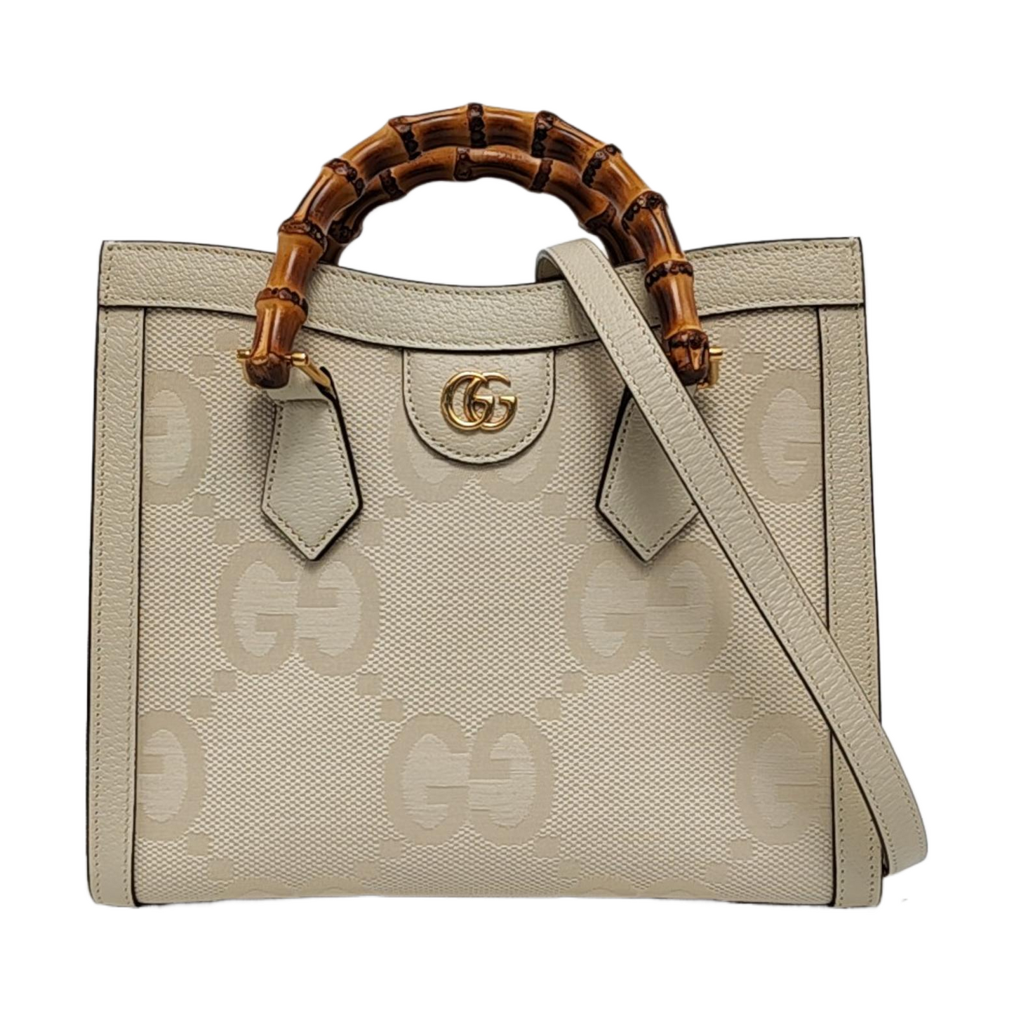 GUCCI Diana Small White Canvas Monogram Bamboo Handle Shoulder Bag Tote Bag Golden Hardware 2 Removable Straps-(SKU)-955631350
