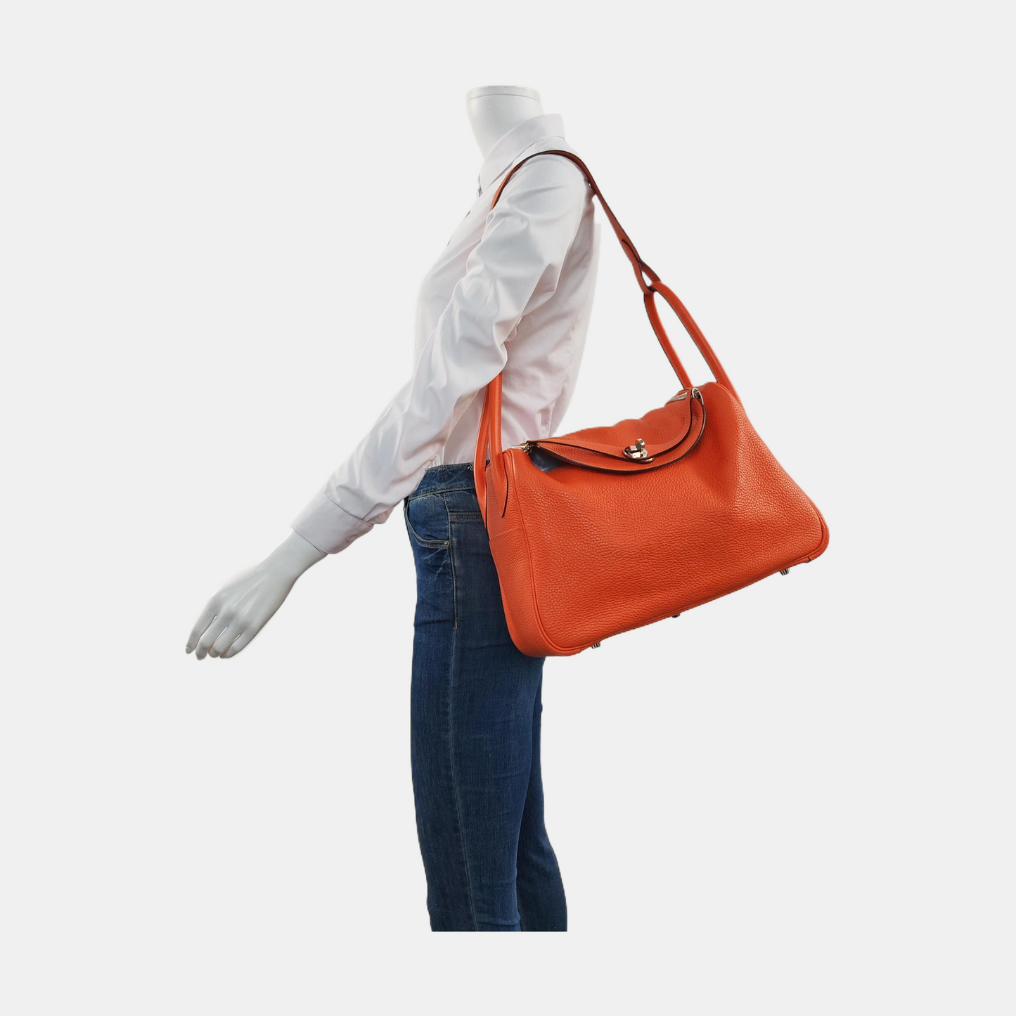 HERMÈS Lindy 34 Hermes Orange Clemence Leather Lindy Bag Crossbody Bag Handbag Silver Hardware X Engraving-(SKU)-955680085