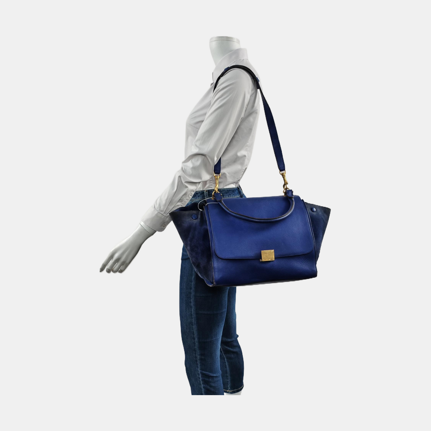 CELINE TRAPEZE Medium size Dark Blue Cowhide Swing Bag Single Shoulder Bag Handbag Golden hardware Removable shoulder strap-(SKU)-955832797