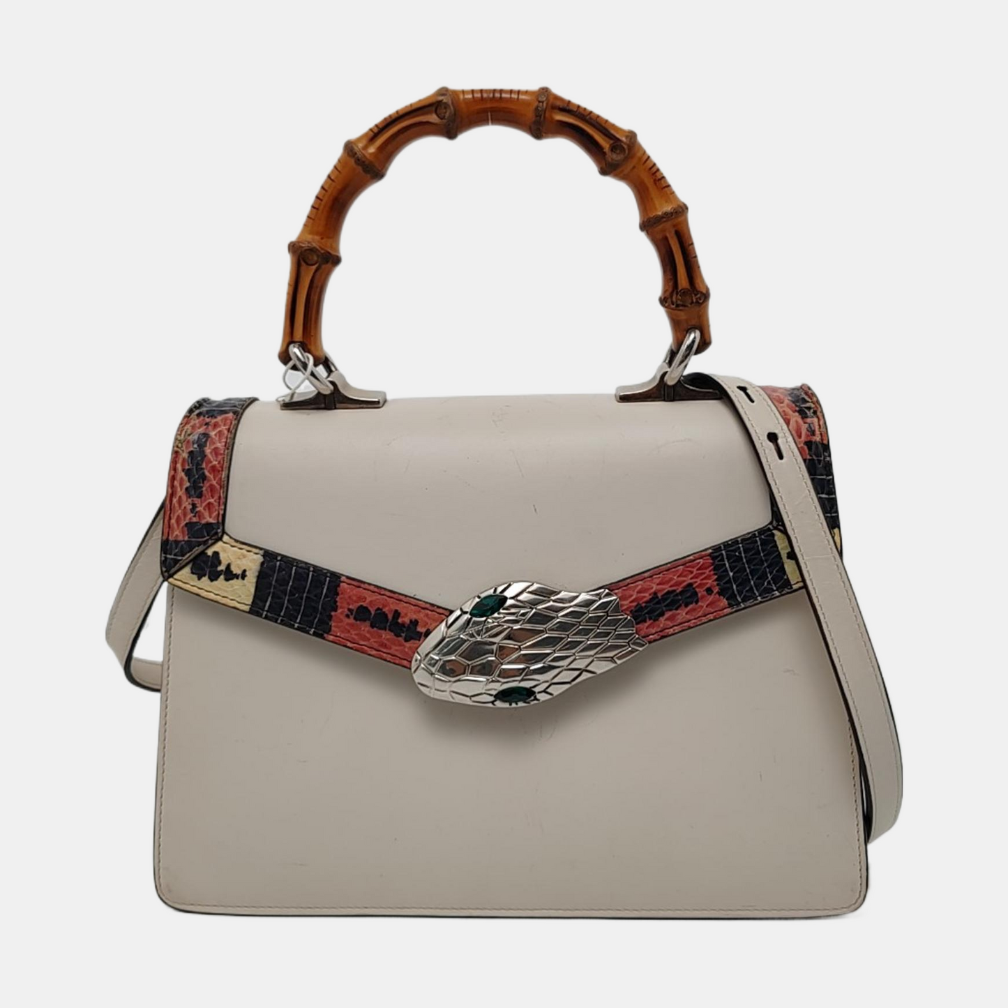 GUCCI Lilith White Cowhide Bamboo Embellished Bag Single Shoulder Bag Crossbody Handbag Silver Hardware Removable shoulder strap-(SKU)-943329956