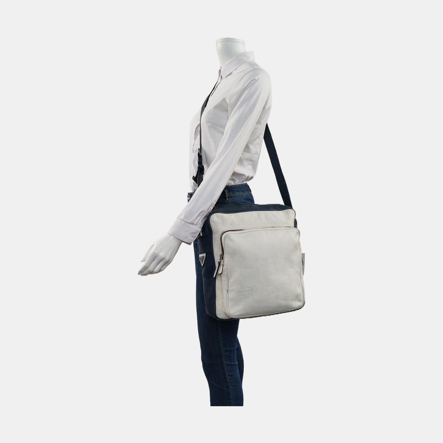 PRADA Tote bag White Calfskin Leather Monogrammed Single Shoulder Bag Silver Hardware-(SKU)-956075767