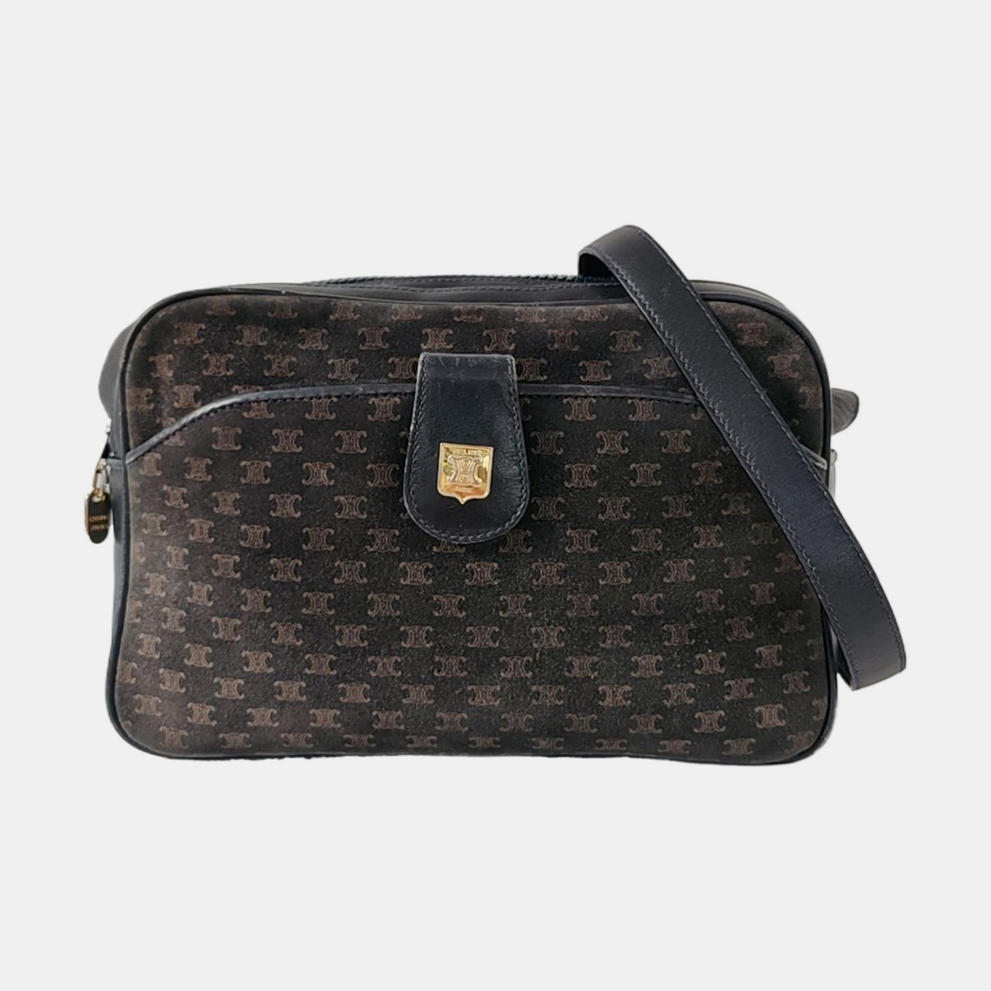 CELINE Camera Bag Black Velvet Leather Triumph Arch Crossbody Single Shoulder Bag Golden hardware-(SKU)-956103145