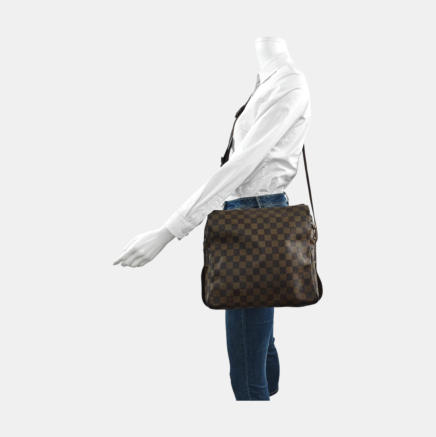 LOUIS VUITTON NAVIGLIO Brown Coated Canvas Checkered Single Shoulder Bag Crossbody Gold Brown Hardware-(SKU)-956274332
