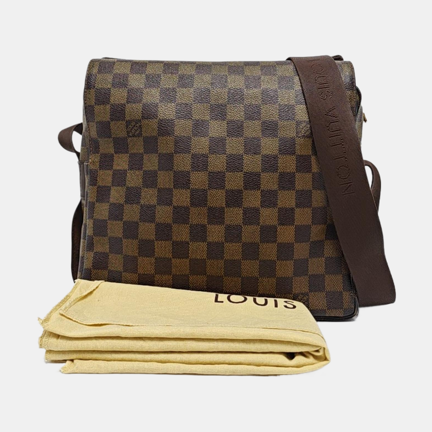 LOUIS VUITTON NAVIGLIO Brown Coated Canvas Checkered Single Shoulder Bag Crossbody Gold Brown Hardware-(SKU)-956274332