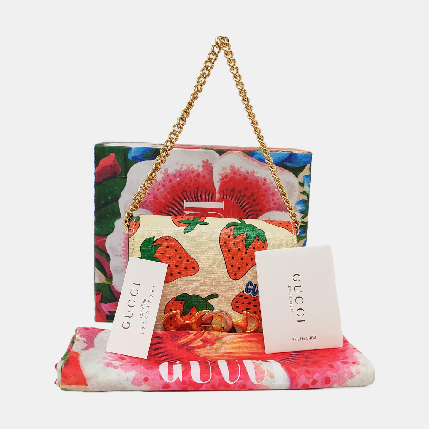 GUCCI Zumi White Cowhide Printed Horsebit Handbag Golden Silver Hardware Complete Accessories-(SKU)-956560067