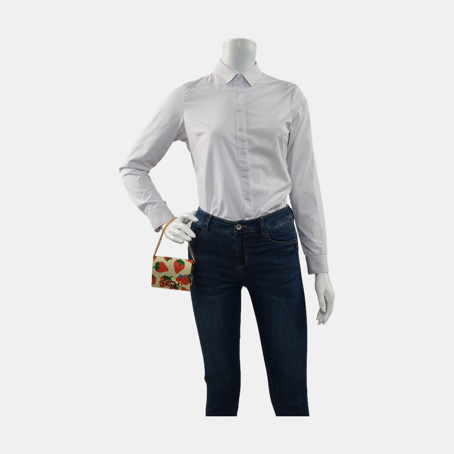 GUCCI Zumi White Cowhide Printed Horsebit Handbag Golden Silver Hardware Complete Accessories-(SKU)-956560067