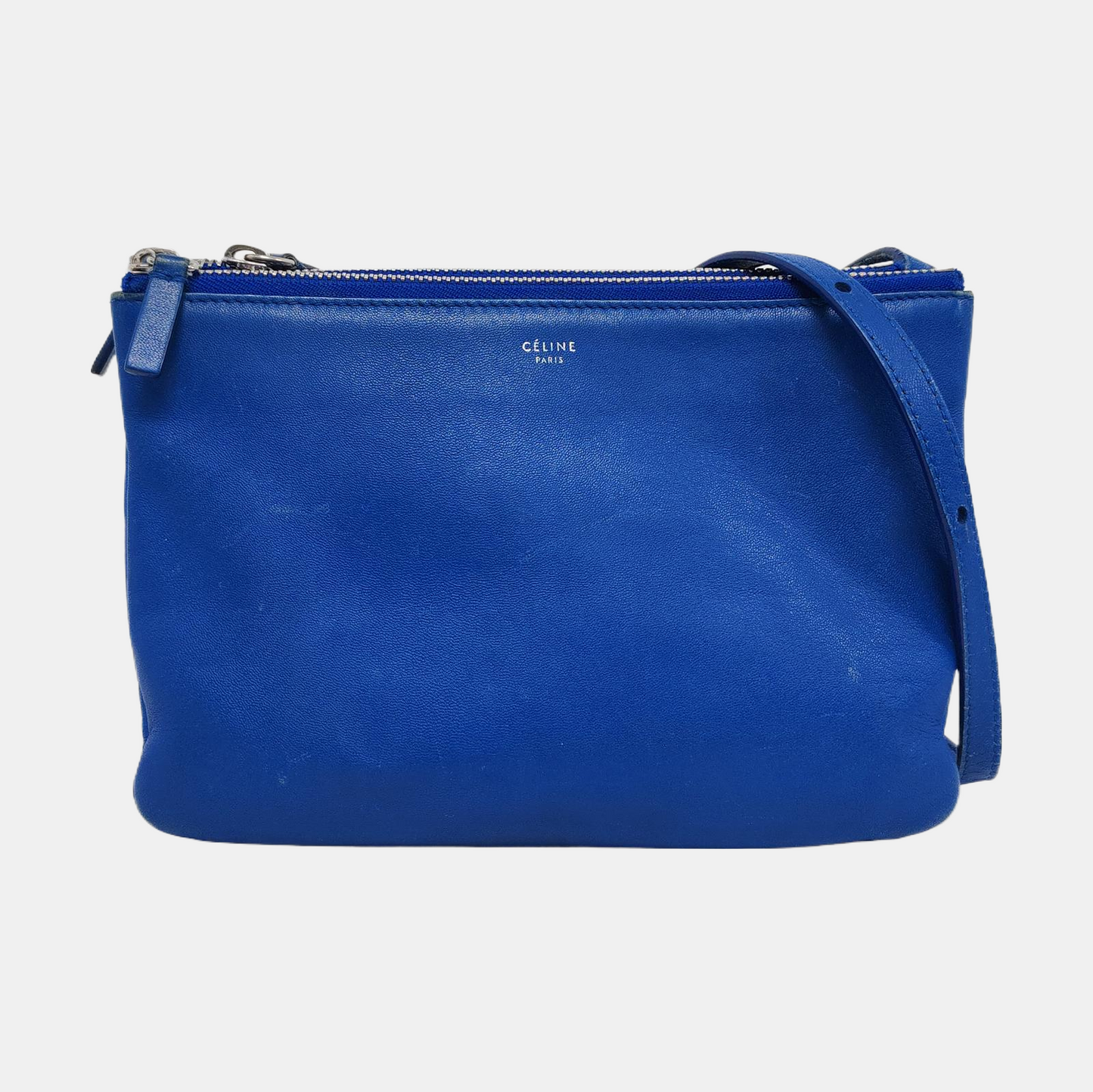 CELINE TRIO Small size Blue Lamb Leather Single Shoulder Bag Crossbody Bag Silver Hardware-(SKU)-956504189