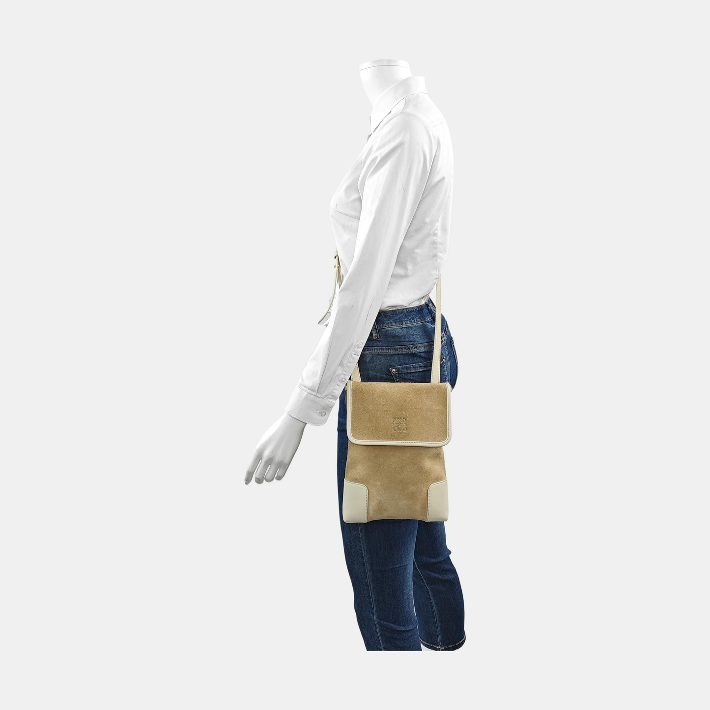 LOEWE Khaki Suede Leather Embossed Crossbody Shoulder Bag Golden hardware-(SKU)-956397205