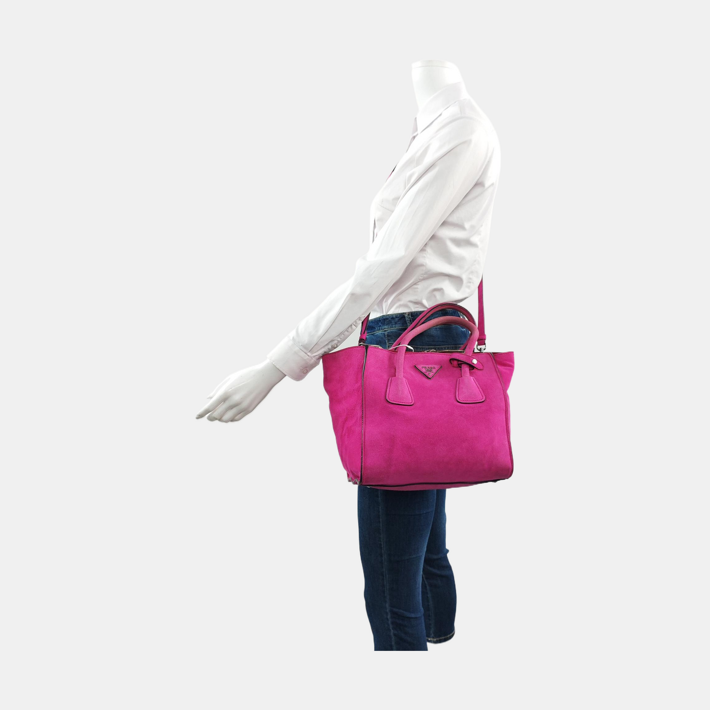 PRADA Pink Suede Logo Single Shoulder Bag Crossbody Tote Silver Hardware Removable shoulder strap-(SKU)-956356987