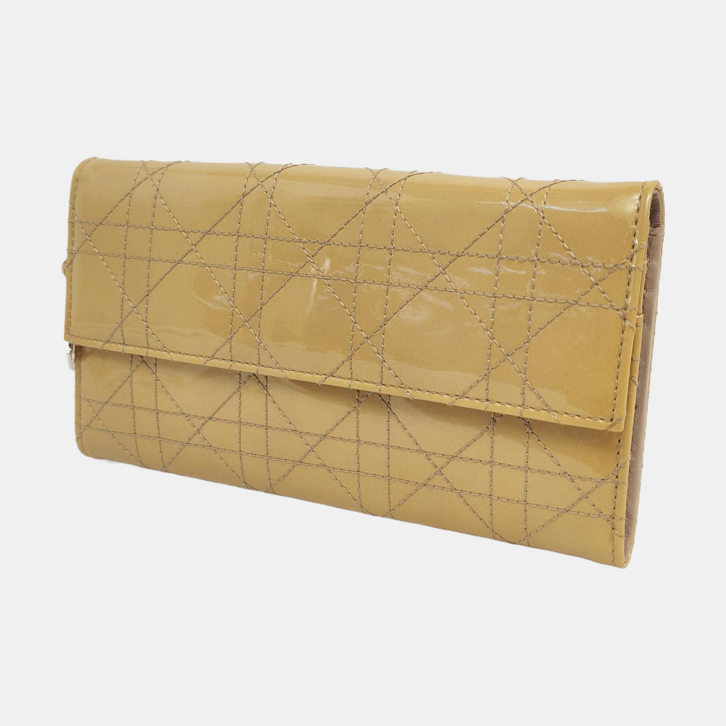 DIOR Lady Dior Light Yellow Lacquered Leather Wicker Pattern Stitched Wallet Golden hardware-(SKU)-956498734