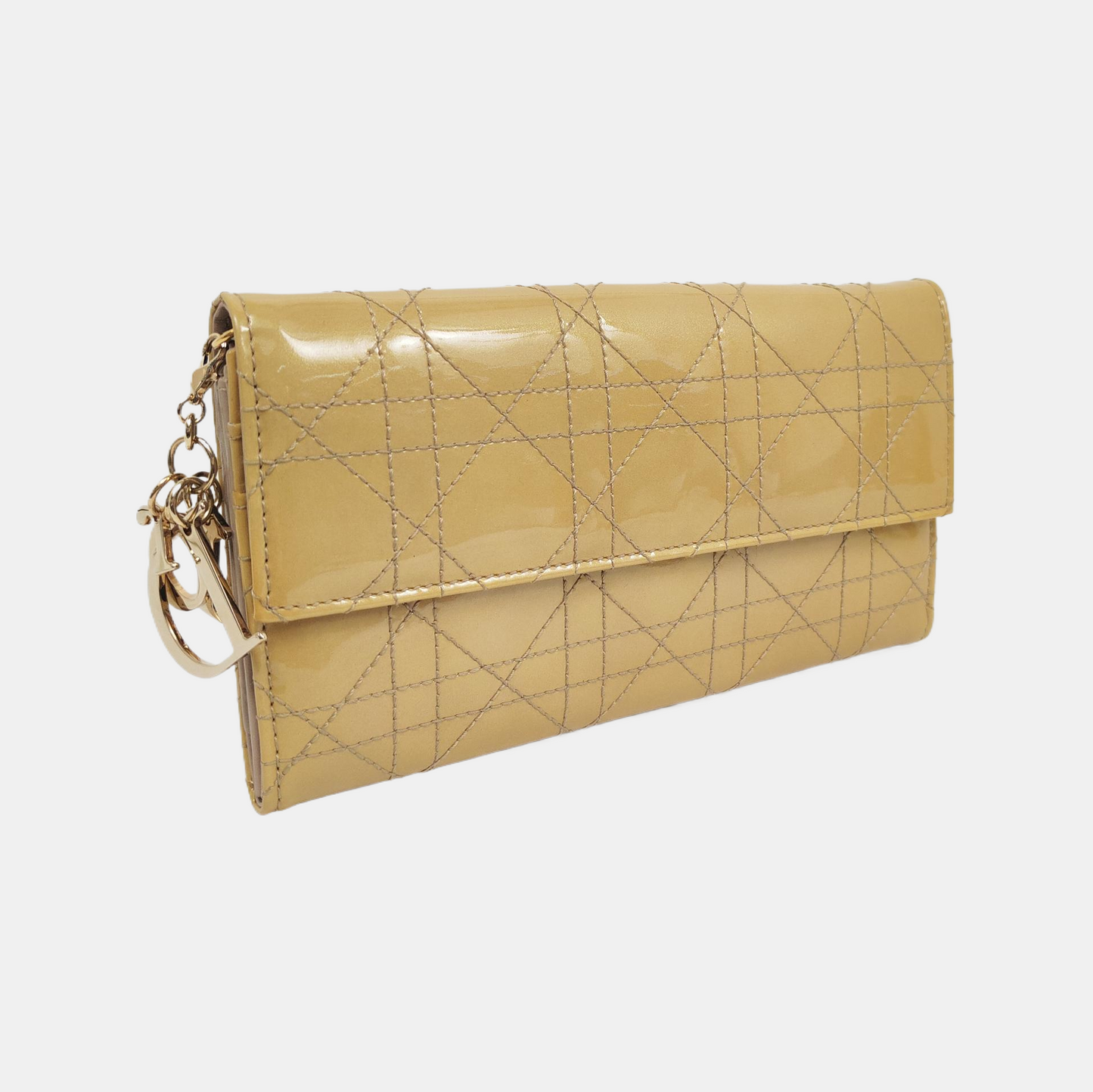 DIOR Lady Dior Light Yellow Lacquered Leather Wicker Pattern Stitched Wallet Golden hardware-(SKU)-956498734