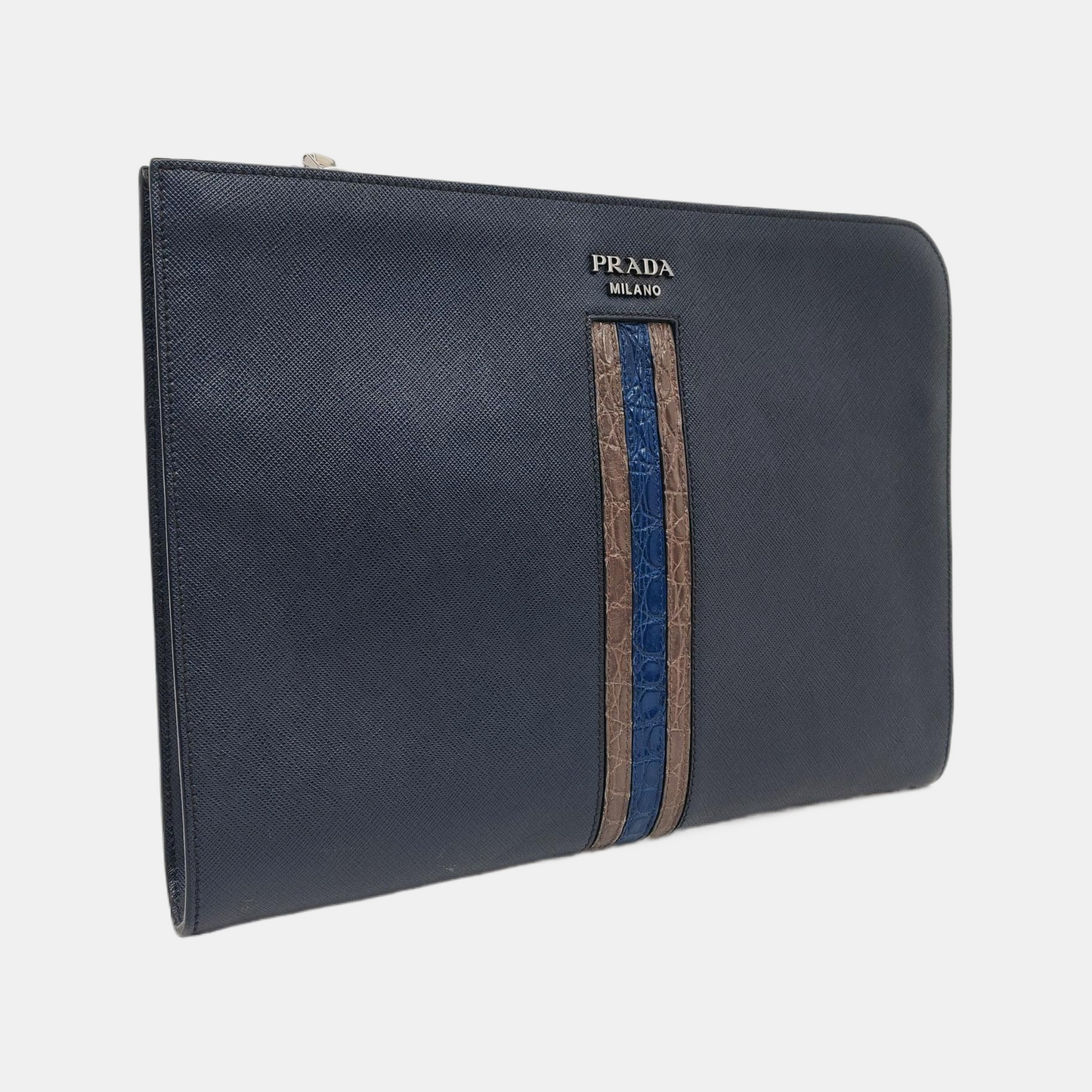 PRADA Men's Bag蓝色牛皮十字纹,鳄鱼纹手拿包-(SKU)-956380870