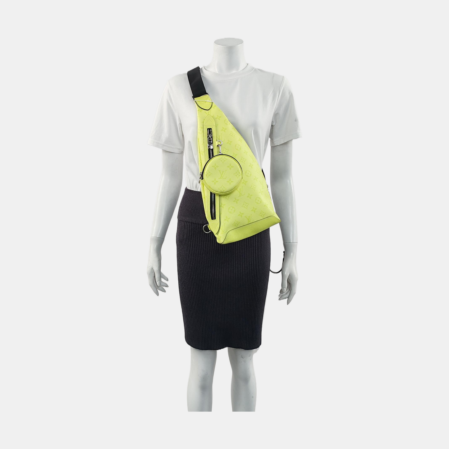 LOUIS VUITTON DUO Yellow-Green Coated Canvas Monogram Crossbody Shoulder Bag/Fanny Pack with Silver Hardware, Pouch-(SKU)-956667846