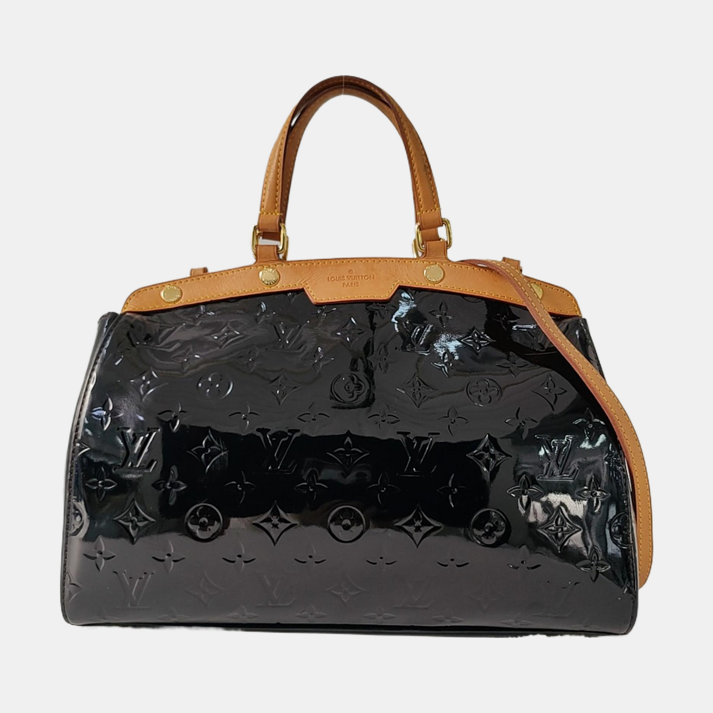 LOUIS VUITTON BREA Medium size Black Patent Leather Textured Doctor Bag Single Shoulder Handbag Golden hardware Removable shoulder strap-(SKU)-956672683