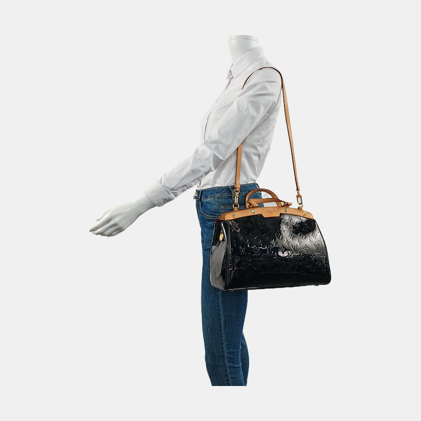 LOUIS VUITTON BREA Medium size Black Patent Leather Textured Doctor Bag Single Shoulder Handbag Golden hardware Removable shoulder strap-(SKU)-956672683