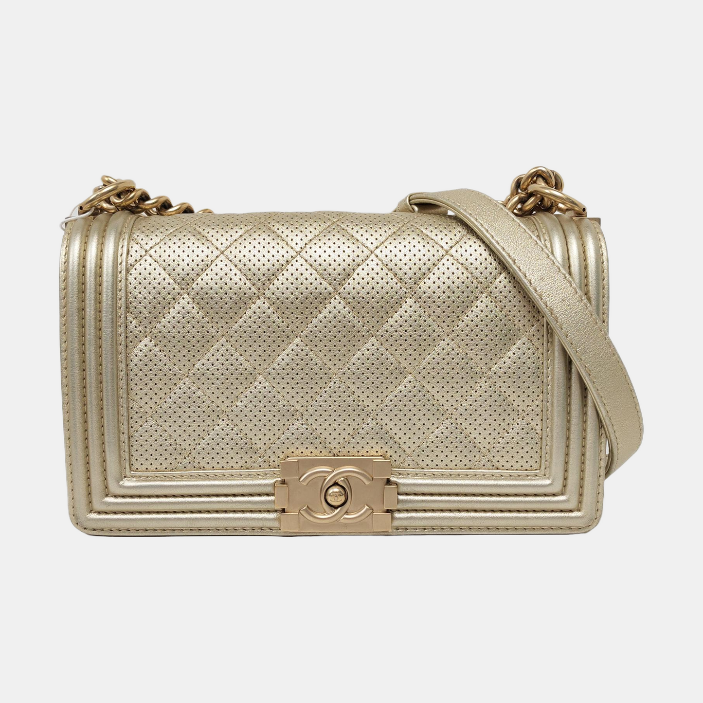CHANEL BOY CHANEL Medium Size Champagne Calfskin Quilted Crossbody Bag Shoulder Bag Golden Hardware 20 Opening Removable Strap-(SKU)-956086574